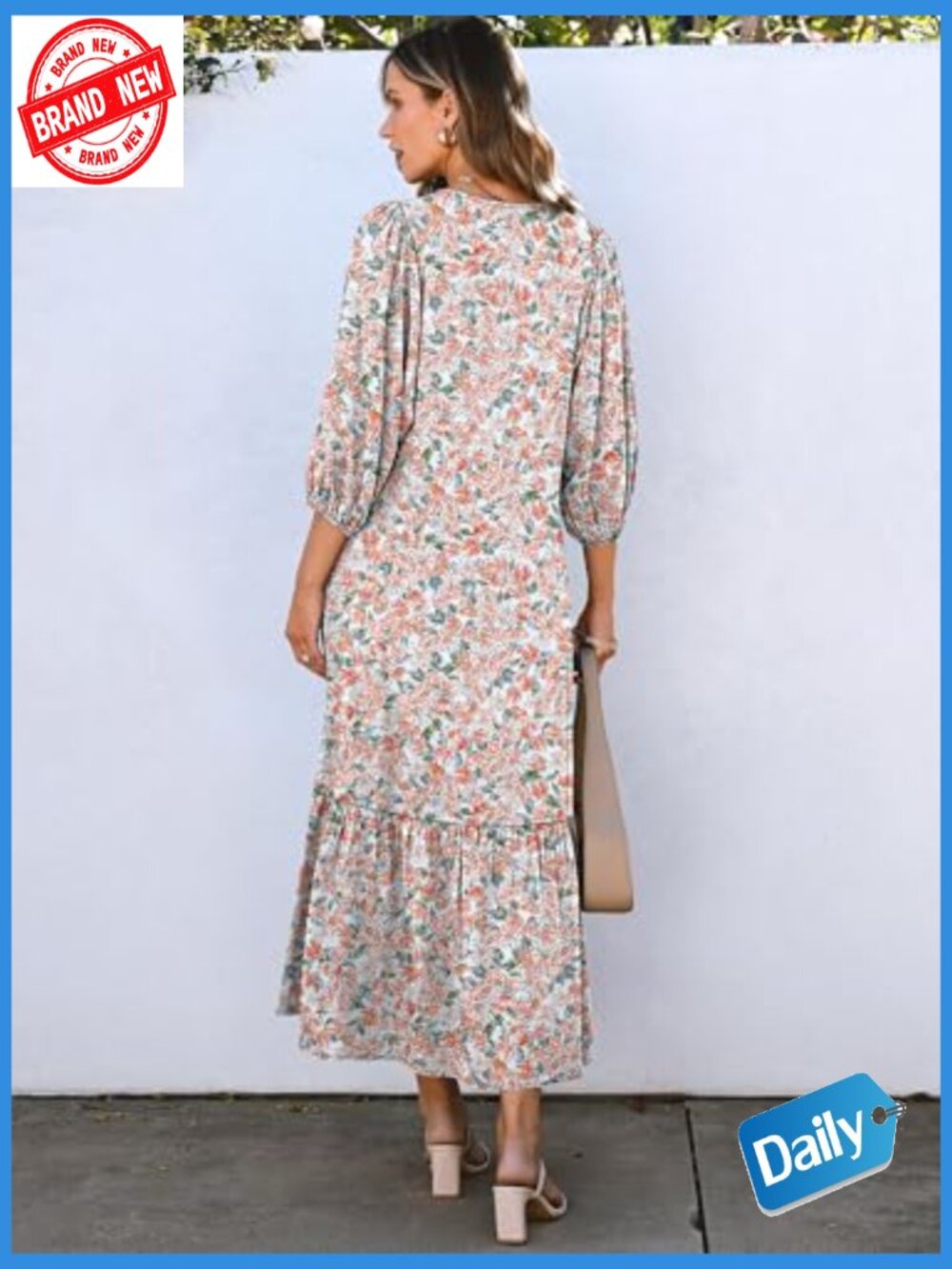 Boho Maxi Dress with Puff Sleeves Pockets Flowy Casual Loose Fit - Picture 4 of 7
